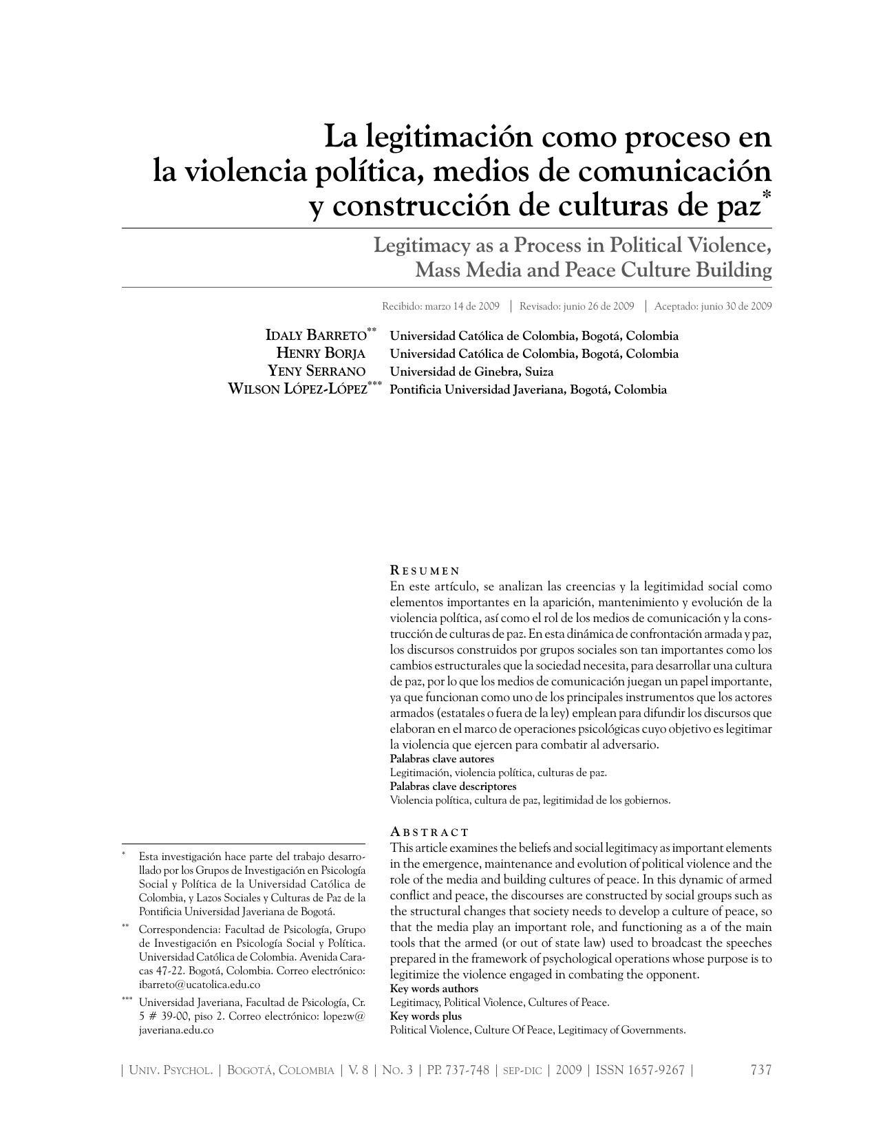 La legitimacion como proceso en la violencia politica, medios de comunicacion y construccion de culturas de paz